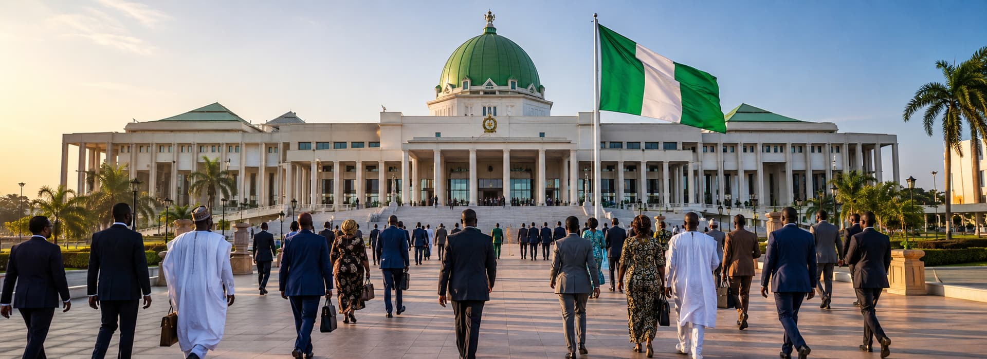 Nigerian National Assembly Complex in Abuja with the Nigerian national flag